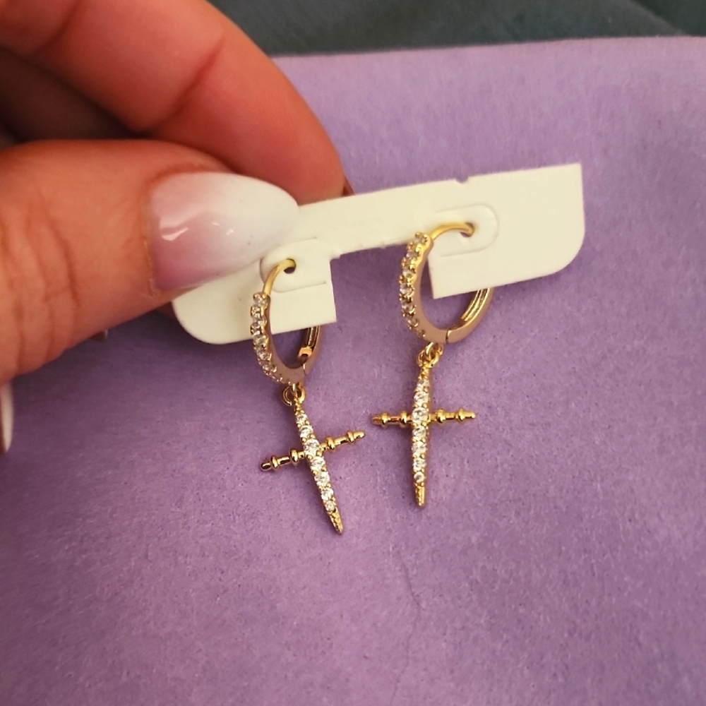 Gold And Diamond Cross Huggies
